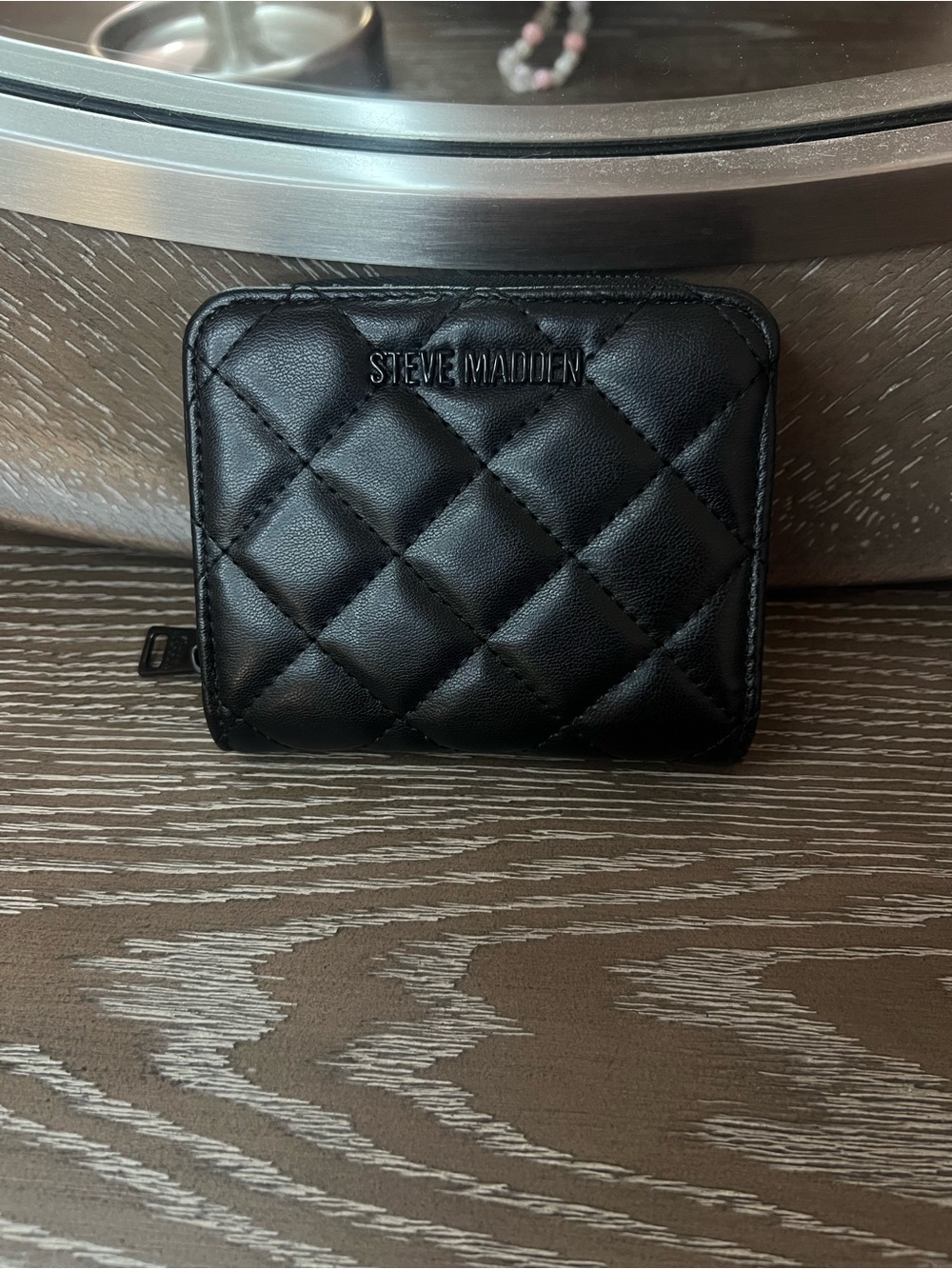 Steve Madden Black Quilted Zip Card Holder